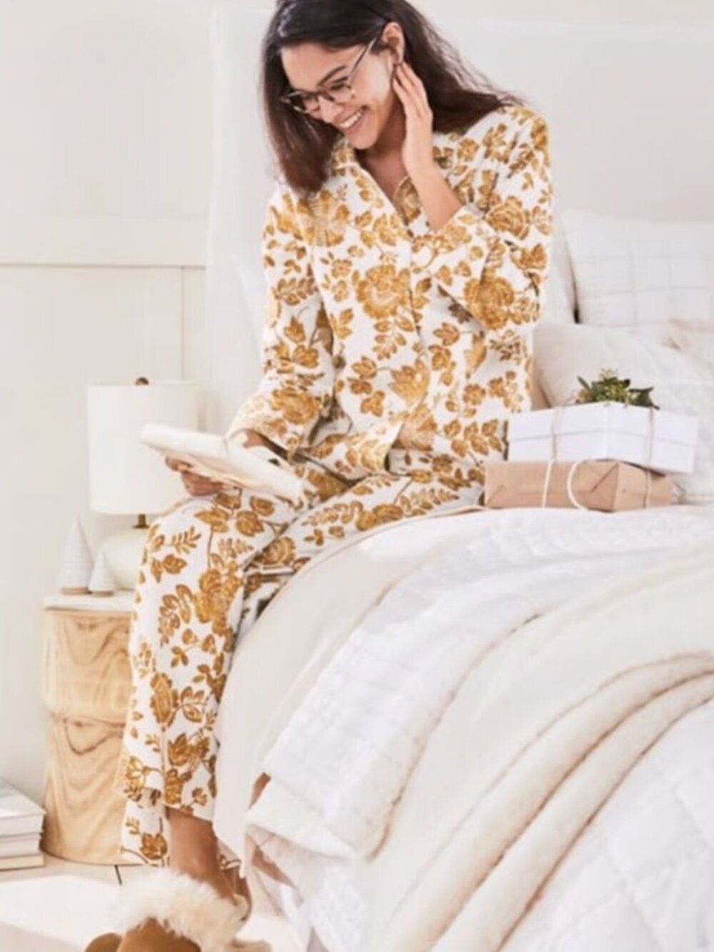 Garnet Hill Organic-Cotton Heritage Flannel 2-Pc Long Pajama Set, Gold/White, XS